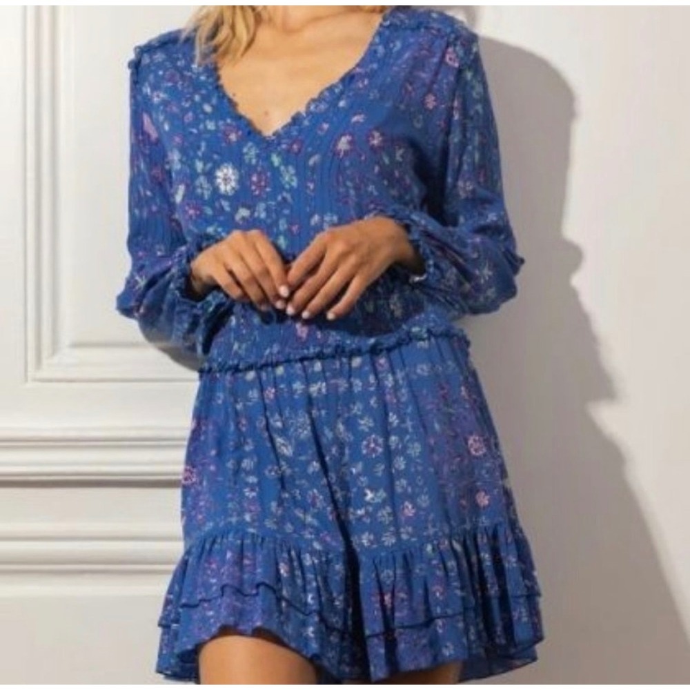 Poupette St Barth Blue Floral Smocked Waist Tiered Mini Dress Long Sleeve XS